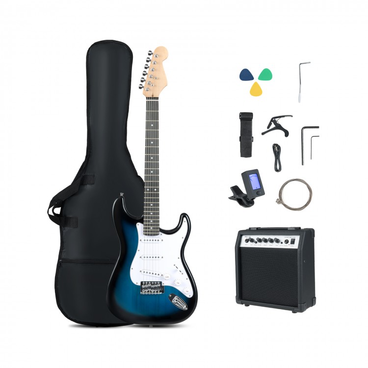 39-inch electric guitar kit in blue with amplifier, gig bag, and accessories for beginner musicians.