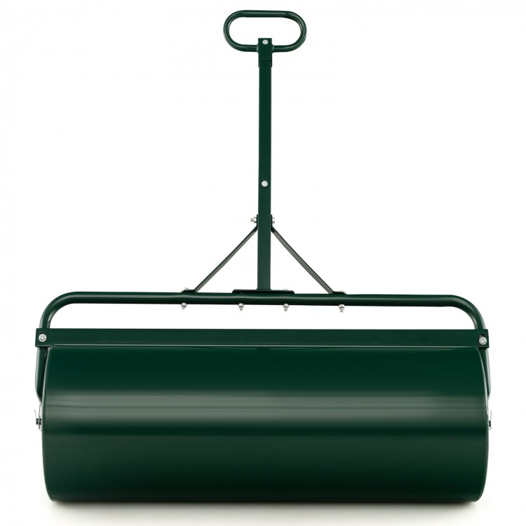 39-inch wide green lawn roller made of powder-coated metal, designed for push, pull, or tow use in gardens and yards.