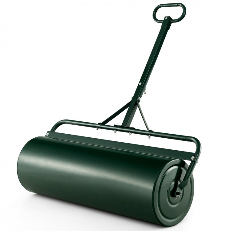 39-inch green lawn roller featuring a removable drain plug and sturdy construction for easy filling with water or sand.