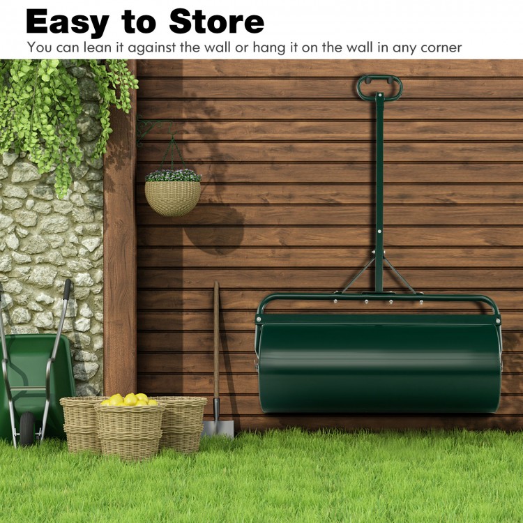 39-inch green push/tow lawn roller made of powder-coated metal, easy to store by hanging on the wall.