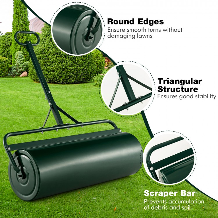 39-inch wide lawn roller with triangular structure, round edges, and scraper bar for smooth lawn maintenance.