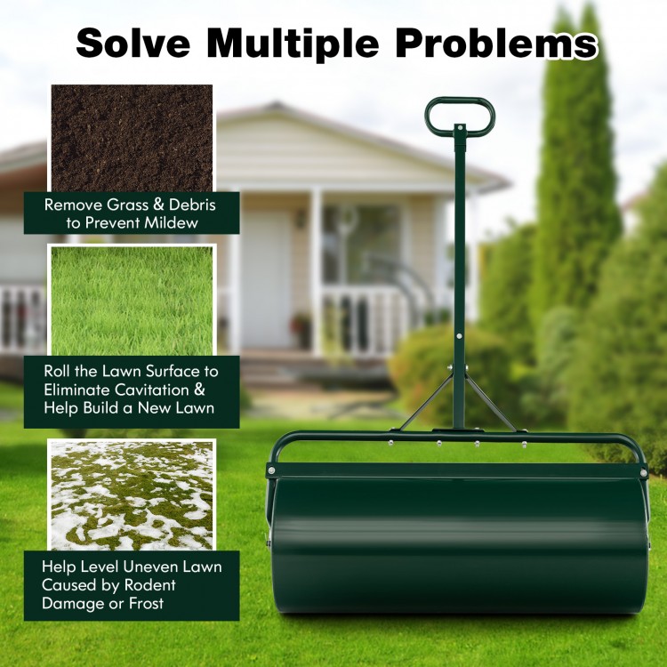 39-inch green push/tow lawn roller made of powder-coated metal, designed for leveling lawns and improving surface.