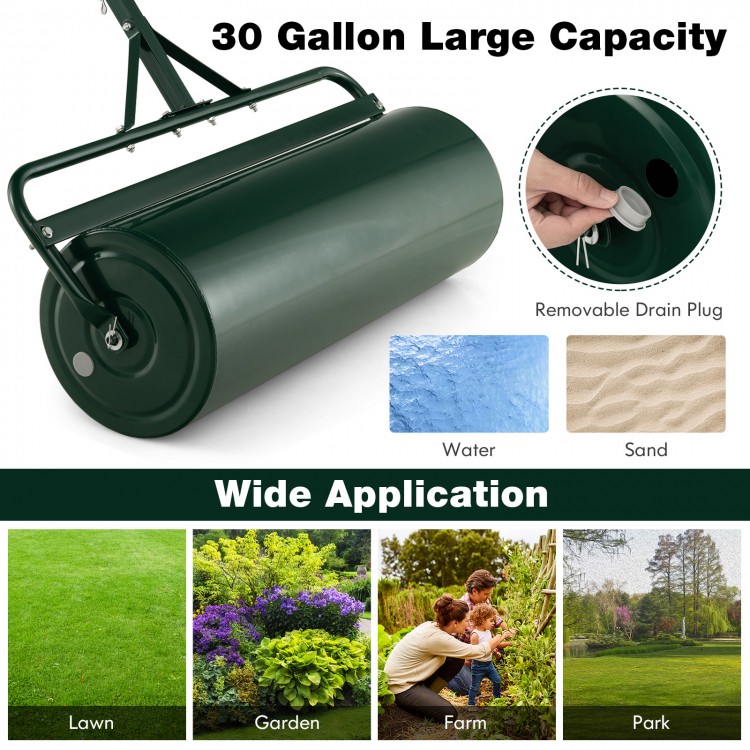39-inch green lawn roller with 30-gallon capacity, designed for push, pull, or tow use in gardens and parks.