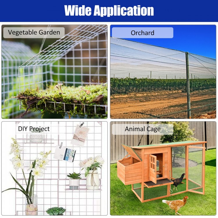 Galvanized chicken wire mesh roll, 23-gauge steel, 1/4" holes, ideal for protecting gardens and animal cages.