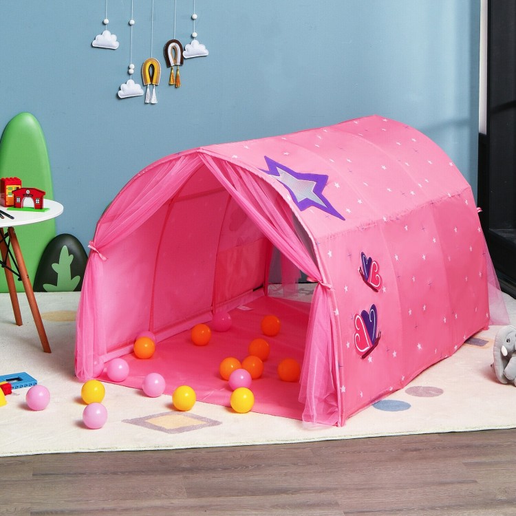 Pink kids play tent with star design, made of peach skin fabric, featuring mesh windows and storage pockets for toys.