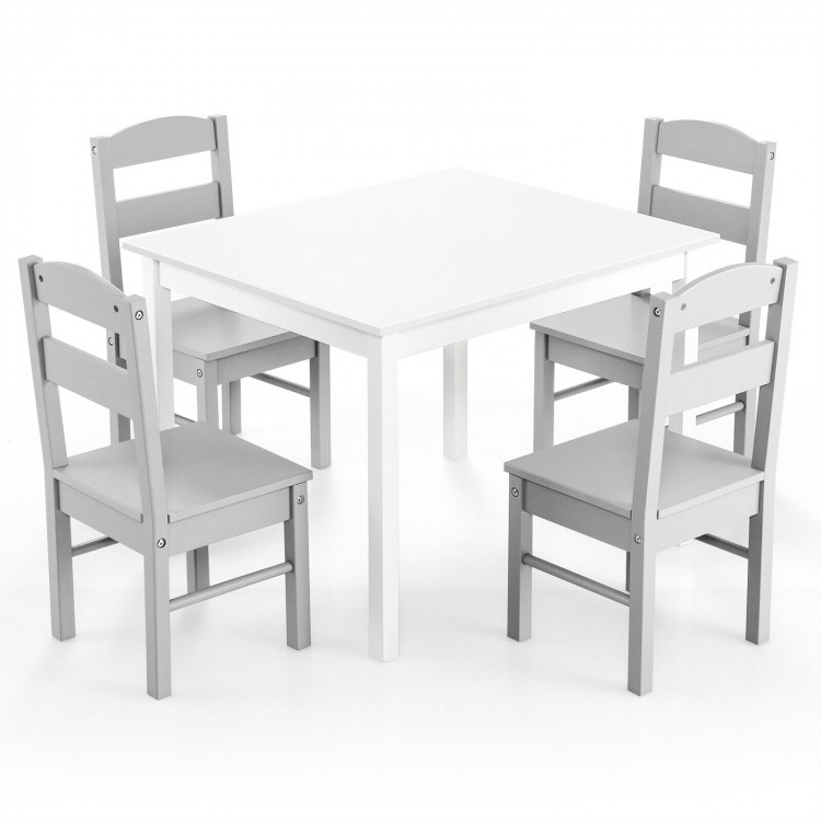 Kids 5-piece wooden table and chair set in white and gray, perfect for playroom activities and toddler comfort.