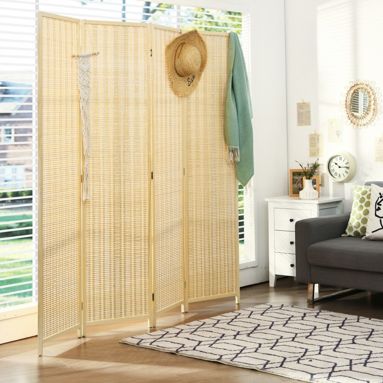 Natural 6 ft 4 panel portable folding room divider screen with tightly woven design for optimal privacy in any space.