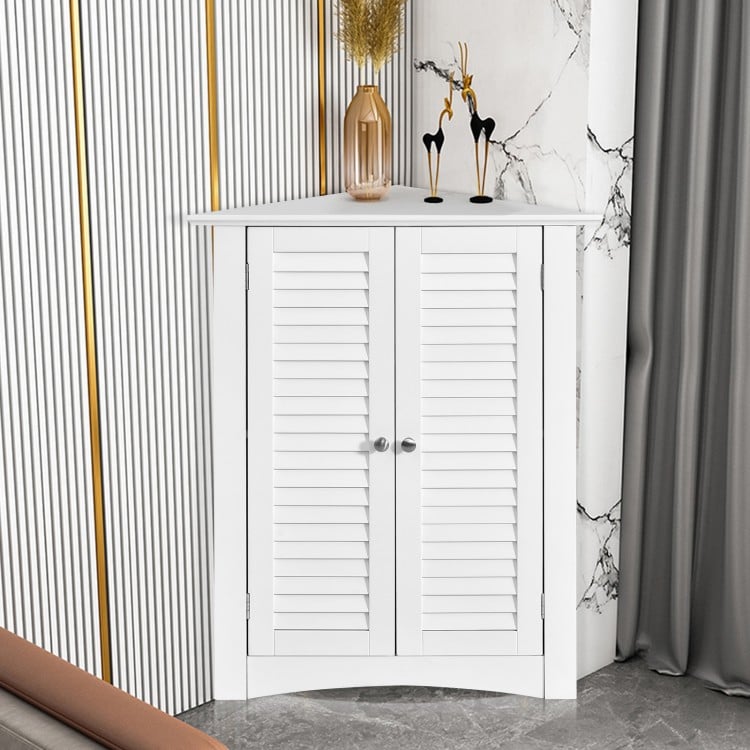White bathroom corner storage cabinet with shutter doors, adjustable shelves, and elegant design for efficient space.