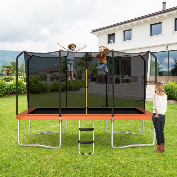 Rectangular 8 x 14 feet trampoline with safety enclosure net and ladder, perfect for outdoor recreational fun.