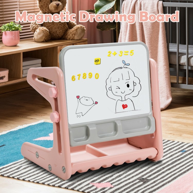 Kids easel table and chair set in pink with adjustable magnetic drawing board for creative play and study.