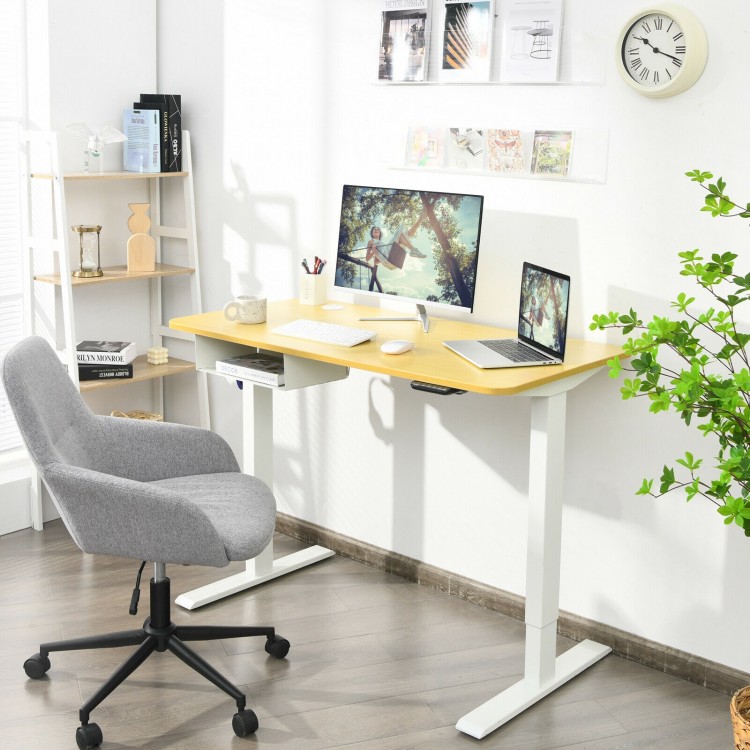 Electric standing adjustable desk with USB port, featuring a natural wood finish and ergonomic design for comfortable.