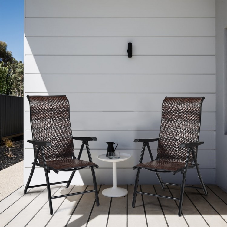Two folding reclining chairs made of durable PE rattan and steel, perfect for patio or garden relaxation.