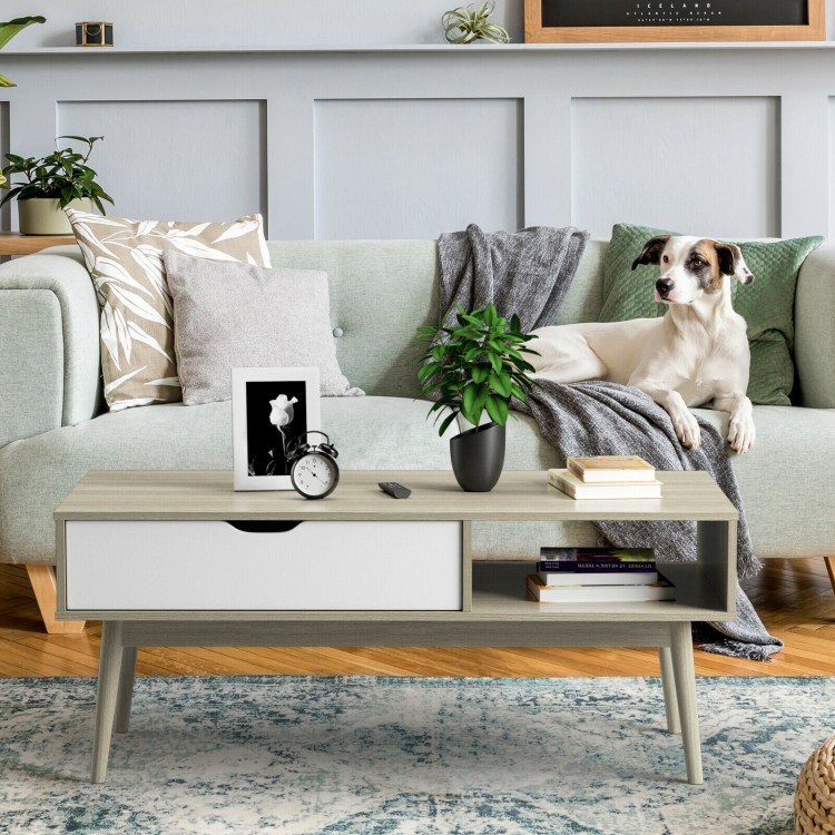 Coffee cocktail accent table in gray with drawer and open shelves, perfect for stylish living room storage and decor.