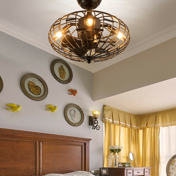 Enclosed ceiling fan with light in matte black, featuring a retro cage design, ideal for small spaces and easy.