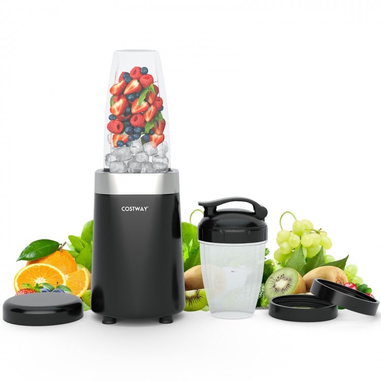 Portable 1000W blender with 6 blades, includes 24 oz and 12 oz BPA-free Tritan cups, perfect for smoothies and juices.