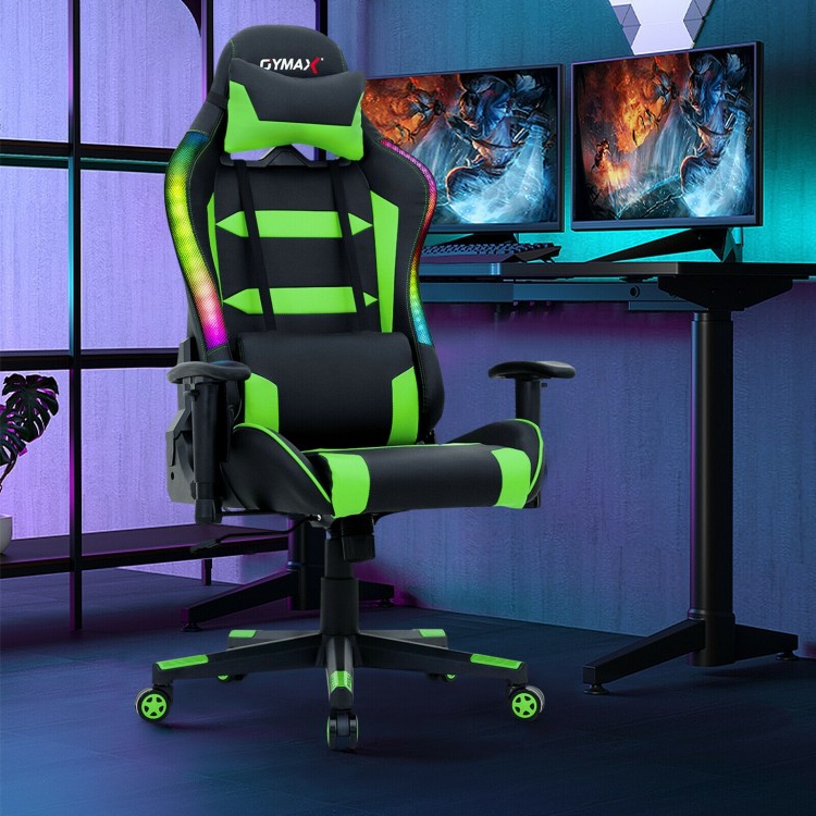Close-up of the adjustable armrests on the green gaming chair with RGB lights, enhancing comfort for gaming and work.
