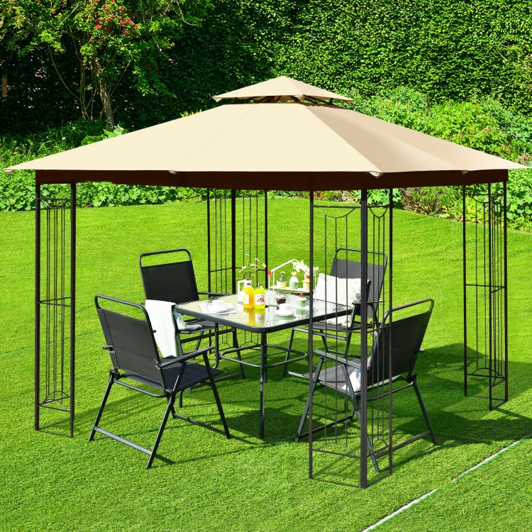 L-shaped 10x10 feet patio gazebo with beige canopy and steel structure, perfect for outdoor gatherings and relaxation.