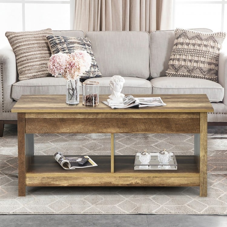 Lift top coffee table in natural wood finish featuring a spacious surface and lower shelf for organized storage and.