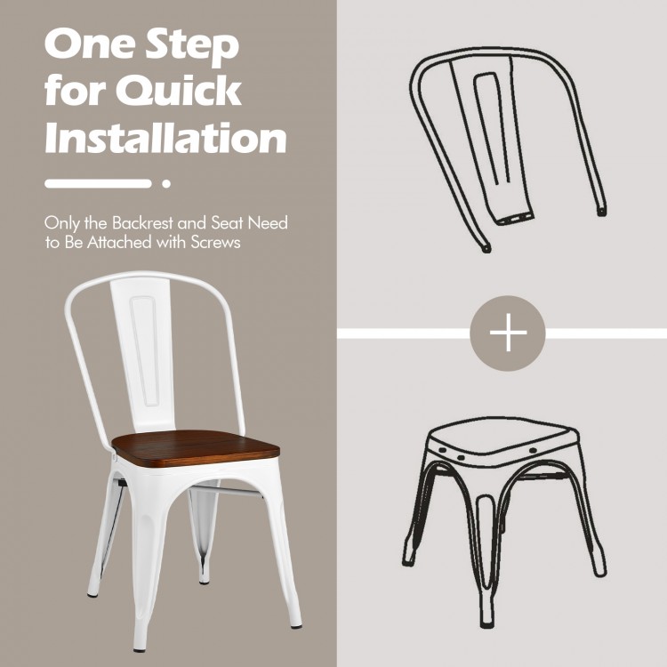 Set of 4 Tolix style metal dining chairs with white frame and wood seat, ideal for kitchen or dining room use.