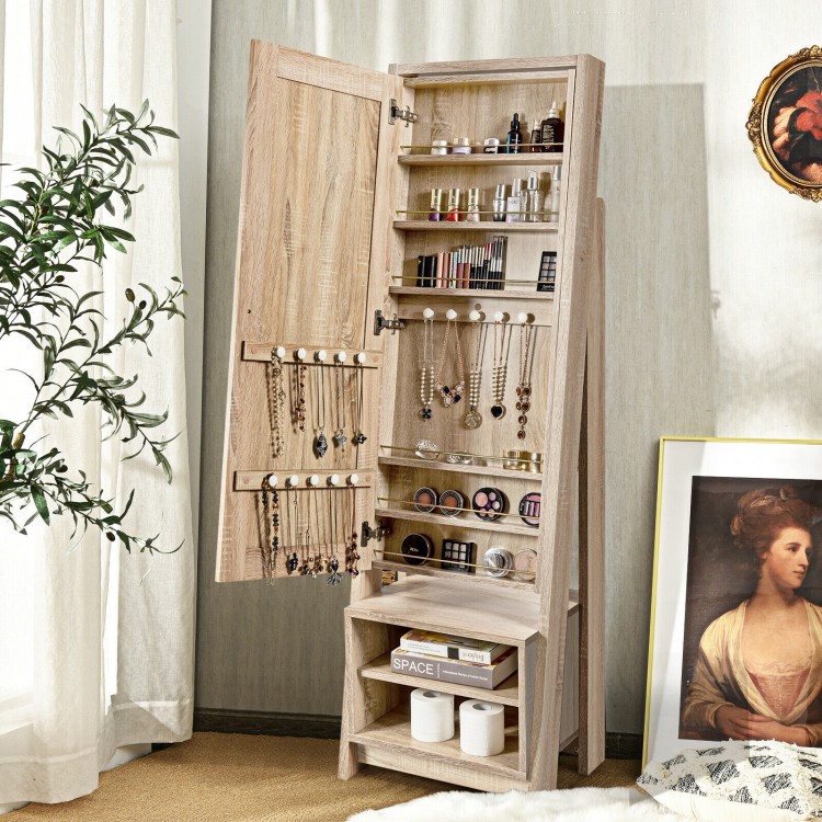 Interior view of the 2-in-1 wooden cosmetics storage cabinet showcasing 6 shelves and hooks for organized jewelry and.