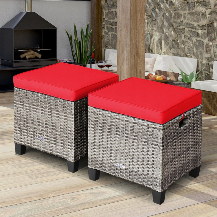 Set of 2 patio rattan wicker ottomans with red removable cushions, perfect for outdoor use in garden or poolside.