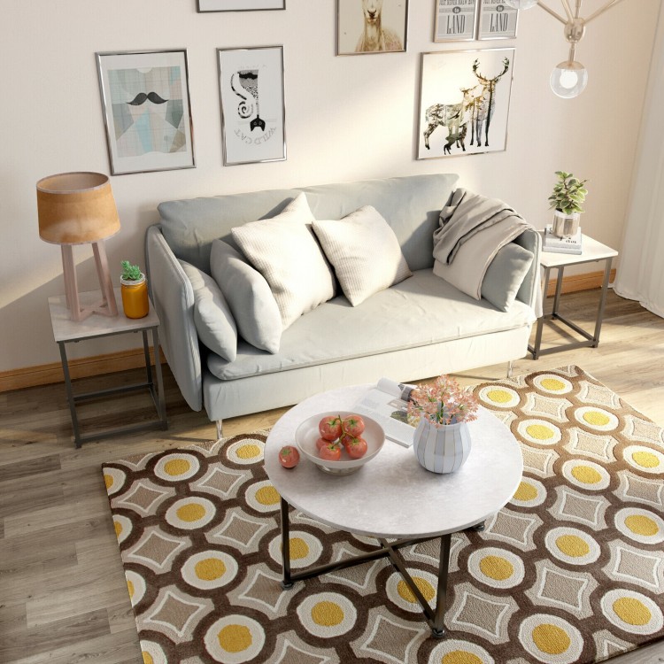 Round coffee table and two square tables in gray faux marble, perfect for living room or office use.