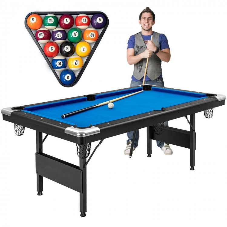 6-foot foldable billiard pool table with blue felt, complete set including cues, balls, and triangle for versatile play.
