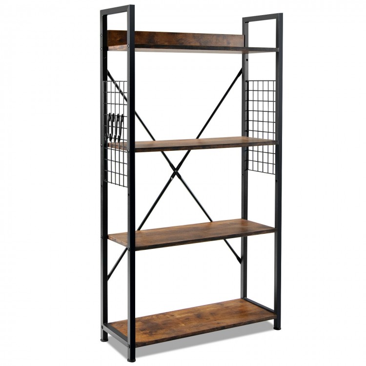Industrial 4-tier bookshelf with rustic brown wooden shelves and black powder-coated steel frame, perfect for stylish.