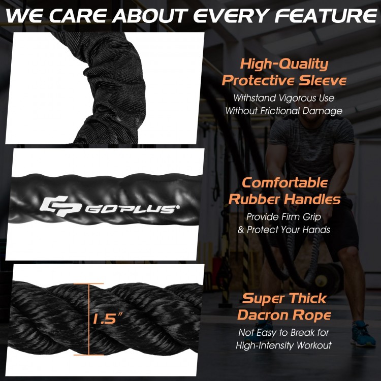1.5-inch diameter exercise rope with protective sleeve and rubber handles, ideal for strength training and endurance.