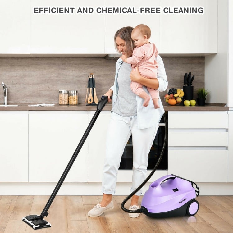 Multi-purpose steam cleaner mop in purple with detachable unit, ideal for efficient, chemical-free cleaning at home.