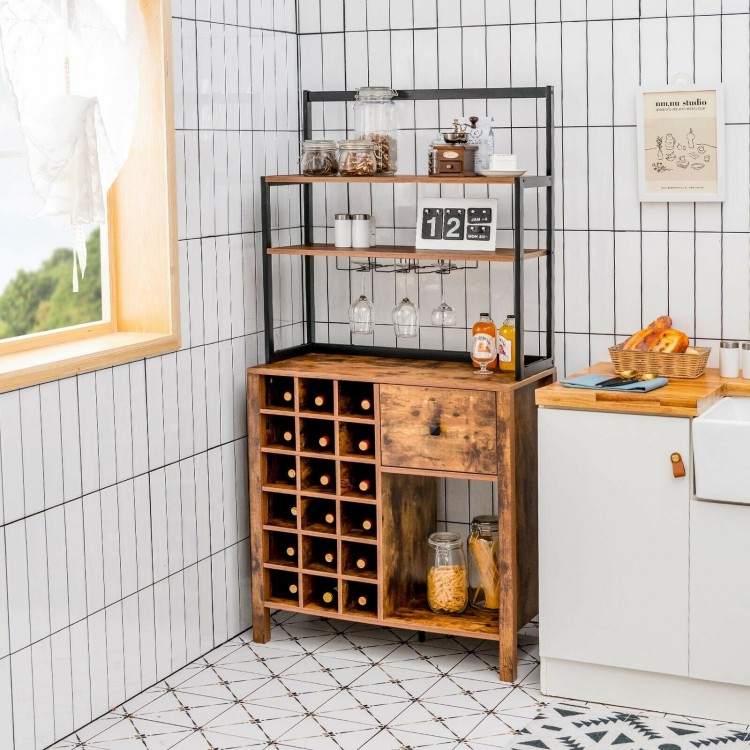 Rustic brown kitchen baker's rack with wine glass holder, drawer, and 3-tier shelf for versatile storage and display.