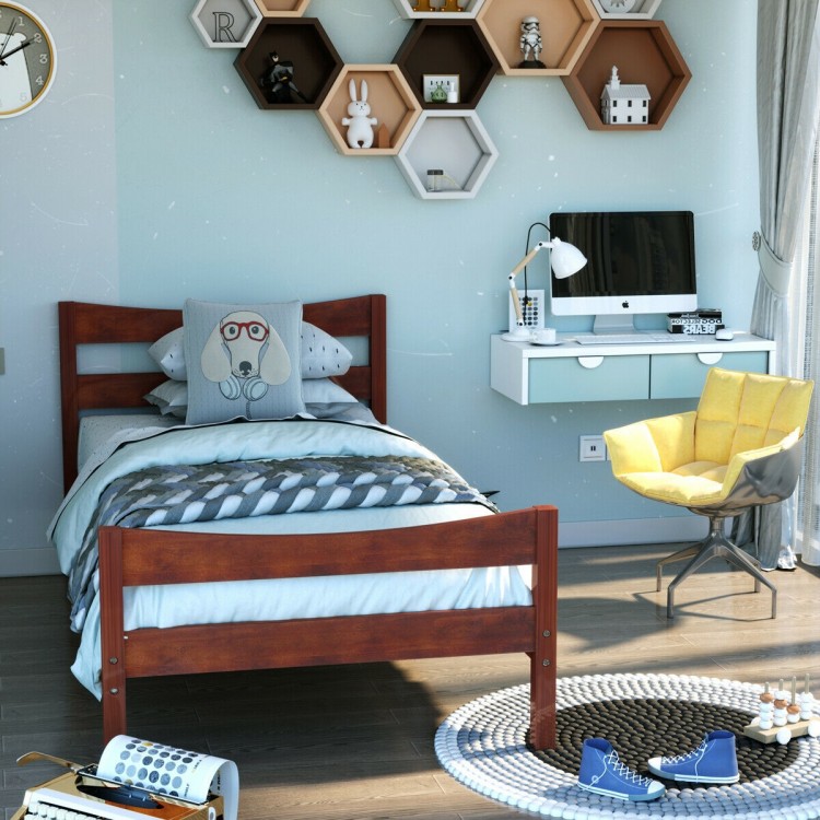 Twin size walnut platform bed frame with solid wood slats, ideal for space-saving and stylish bedroom decor.