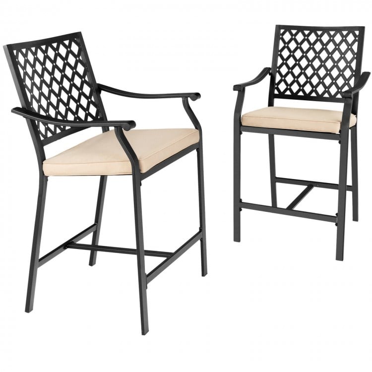 Two patio bar stools with armrests and cushions, featuring a sturdy steel frame, ideal for outdoor seating.