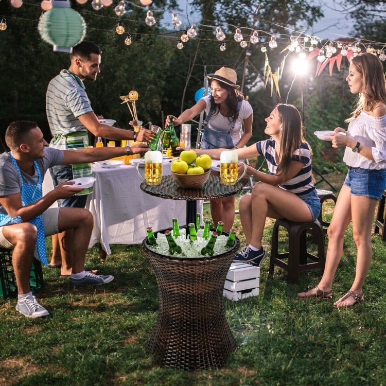 Height adjustable black patio rattan cooler bar table with ice, perfect for outdoor gatherings and keeping drinks cold.