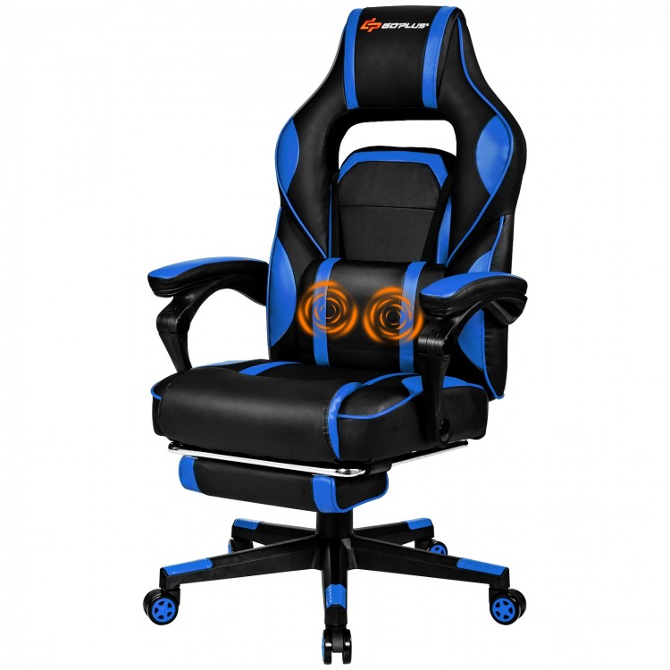 Massage gaming chair in black and blue with footrest, lumbar support, and ergonomic design for ultimate comfort.