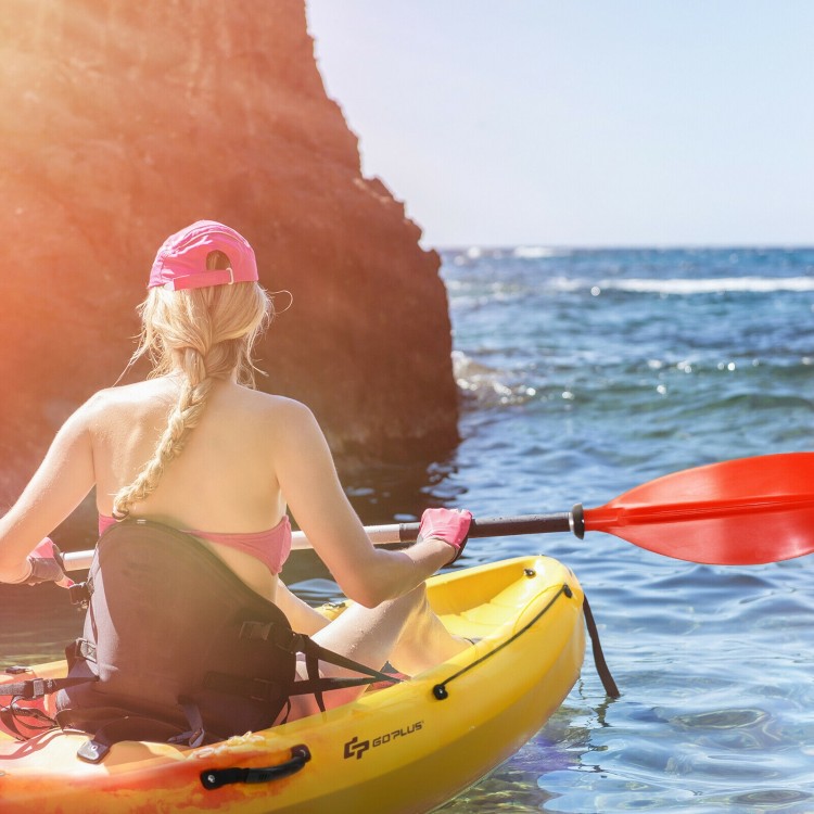 Single sit-on-top kayak in yellow with detachable aluminum paddle, ideal for sightseeing and fishing adventures.
