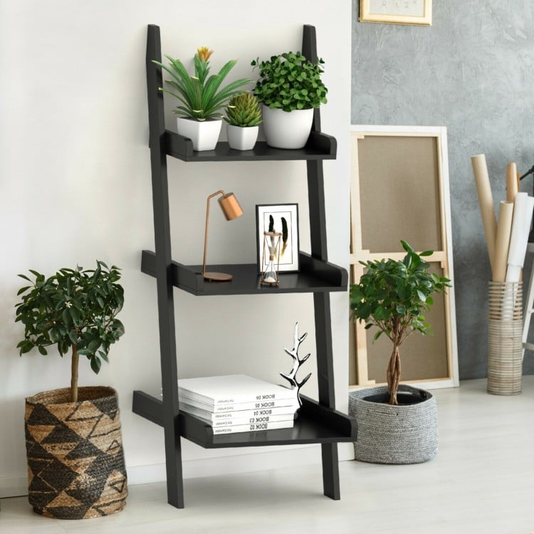 3.7 Feet 3-Tier Wooden Leaning Rack Wall Book Shelf Ladder - Gallery View 2 of 11