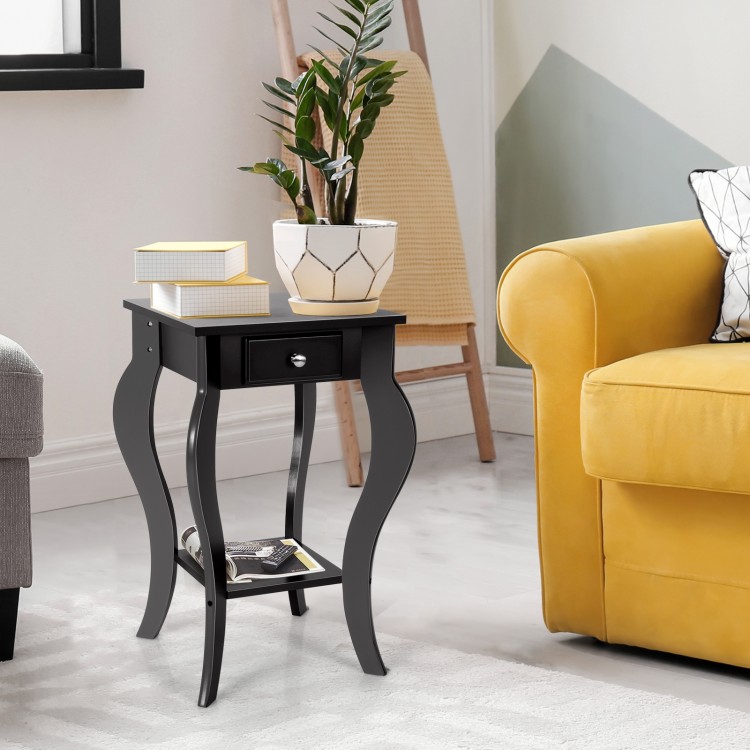 Black 2-tier end table with drawer and shelf, featuring elegant curved legs, perfect for living room or bedroom use.