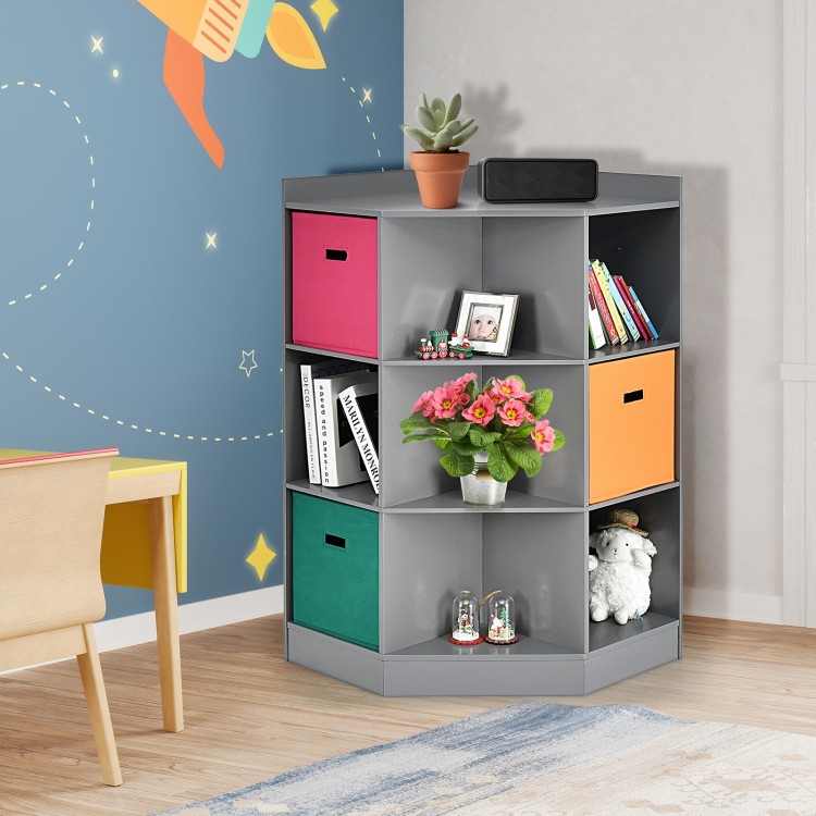 Gray 3-tier kids storage shelf corner cabinet with colorful baskets, perfect for organizing toys and books in a room.