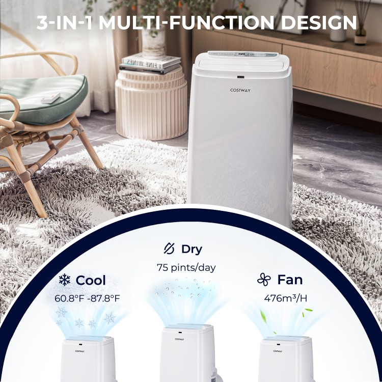 Portable 12000 BTU air conditioner in white with remote, featuring cooling, dehumidifying, and fan modes for spaces up.