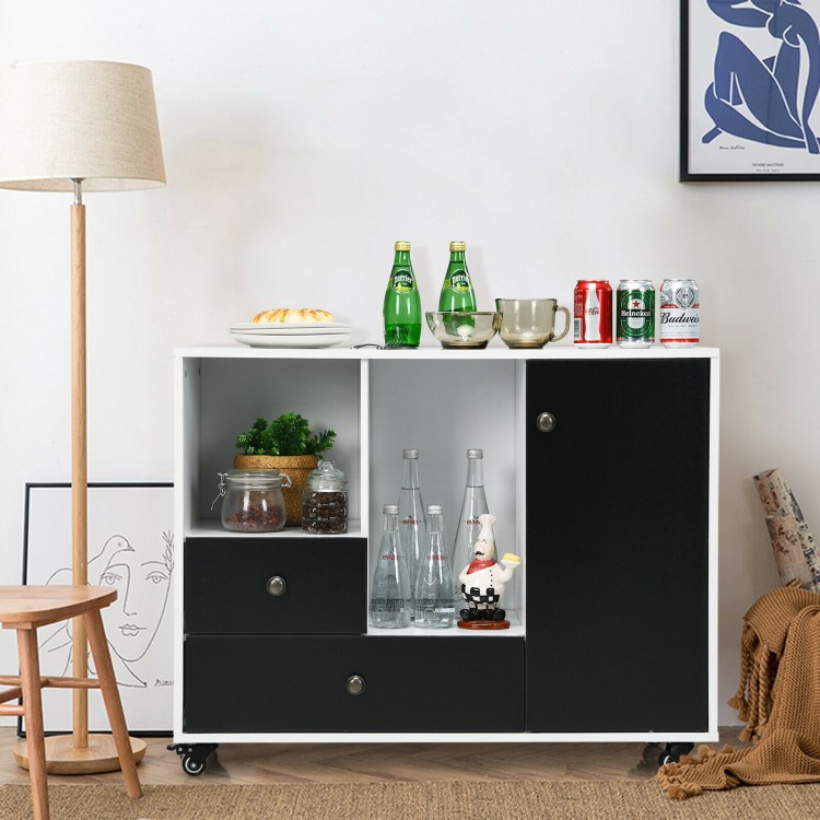 Lateral mobile filing cabinet in black with 2 drawers and open shelves, ideal for office or kitchen storage.