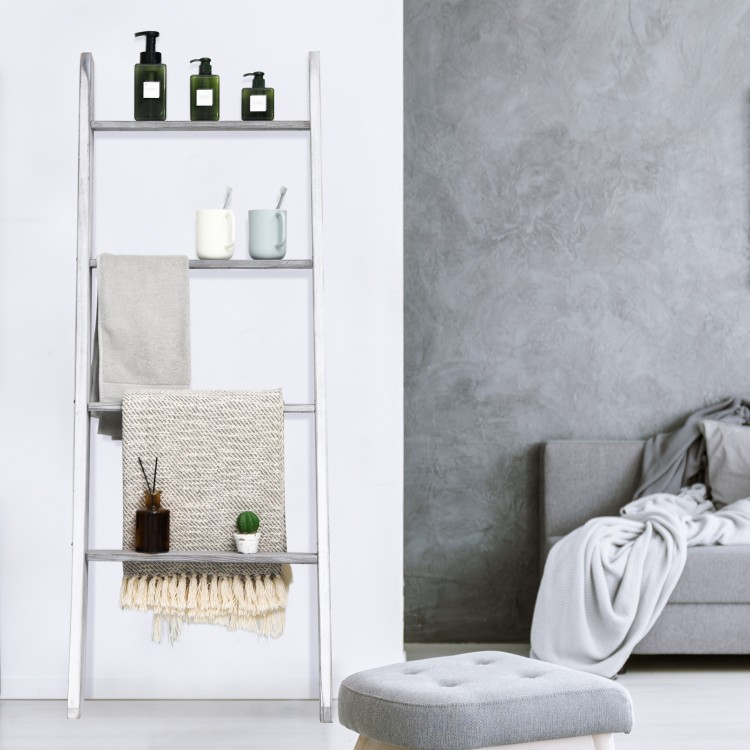 4-tier gray pine wood ladder shelf with non-slip surfaces, ideal for storing blankets and decor in any room.