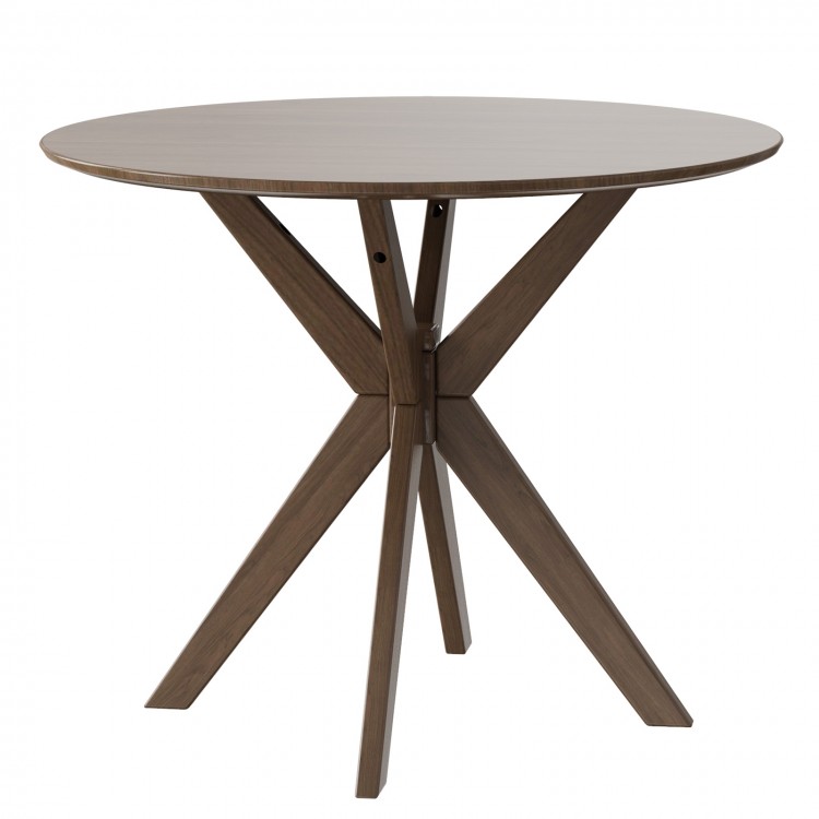 Round 36-inch wood dining table with intersecting pedestal base, solid wood legs, ideal for home or café use.
