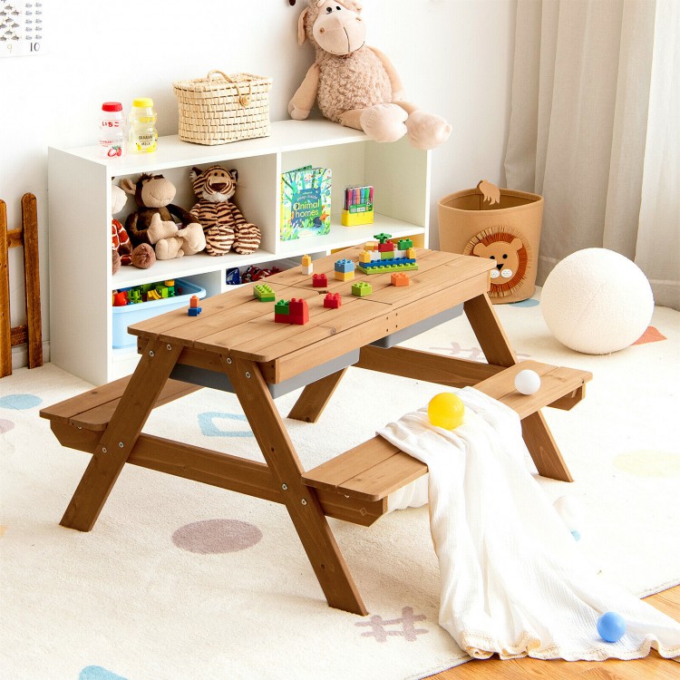Kids outdoor picnic table with umbrella, made of durable fir wood, perfect for water and sand play in the yard or patio.