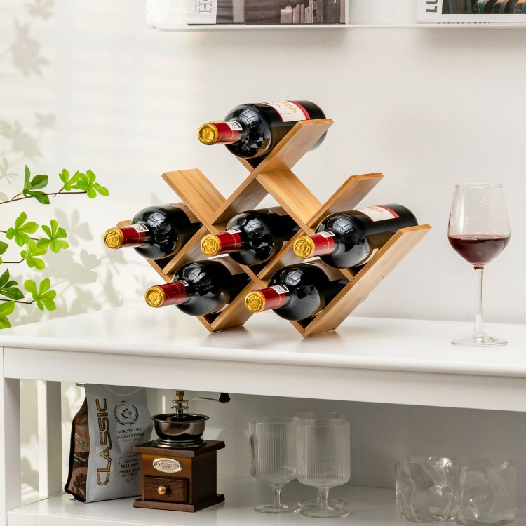 Bamboo wine rack holding 8 bottles in a butterfly shape, perfect for kitchen countertops or dining tables.