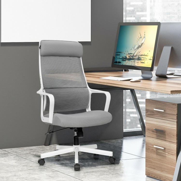 Adjustable gray mesh office chair with heating support headrest, designed for optimal comfort and ventilation in home.