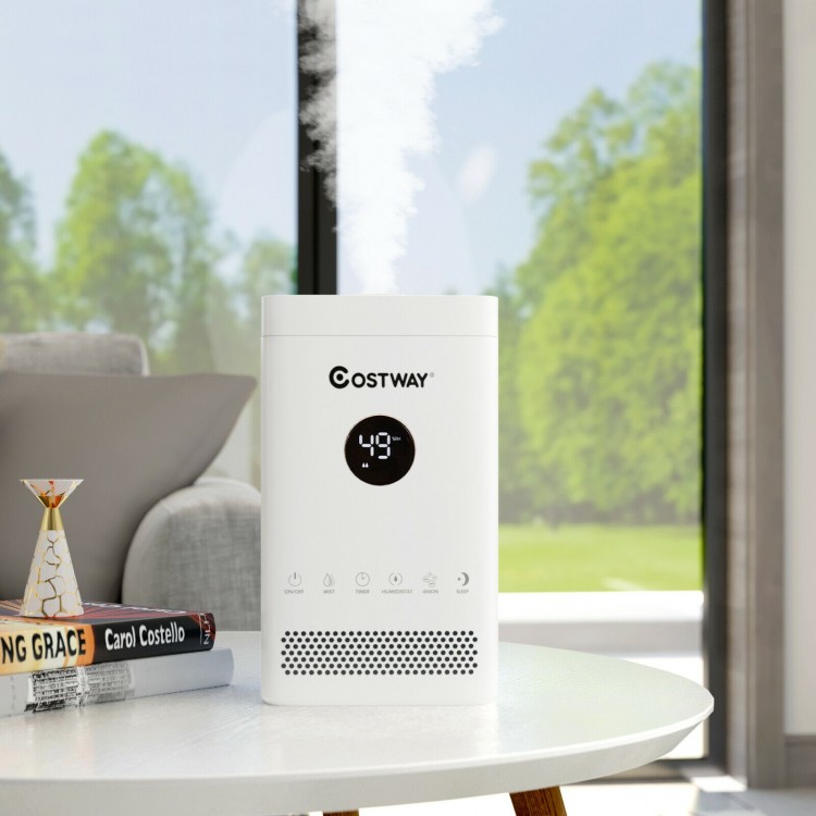 Top fill air humidifier with LCD display, 3.5L capacity, and silver ion filtration for quiet indoor use.