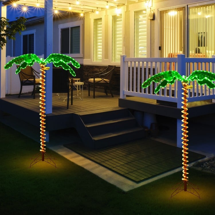 5-foot LED pre-lit palm tree decor with warm lights, perfect for outdoor patio and festive celebrations.