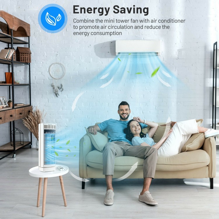 14-inch mini oscillating tower fan in white, featuring 3 speeds and quiet operation, perfect for compact spaces.