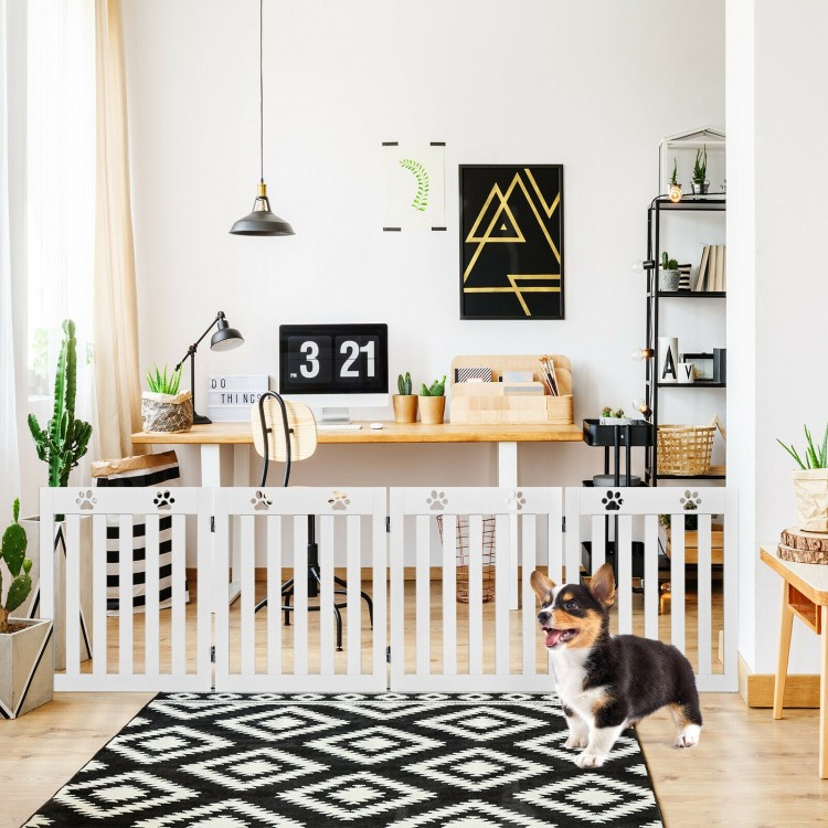 Freestanding 24-inch white wooden pet gate with 360° hinges, ideal for small dogs and versatile home placement.